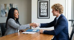 Dos personas estrechando manos en una reunión de negocios