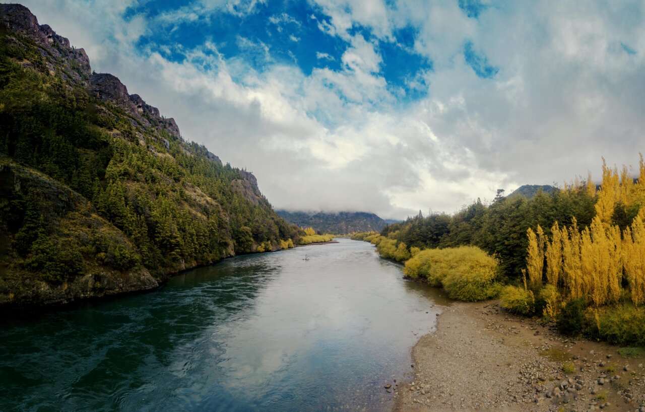 Vista del río en el Parque Nacional Los Alerces con montañas y vegetación