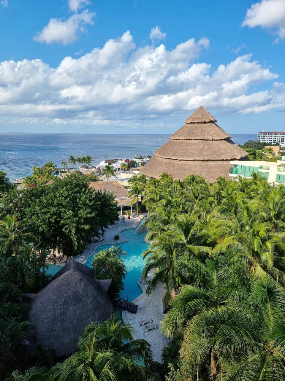 Vista aérea de un complejo turístico en Cozumel con palmeras y piscina