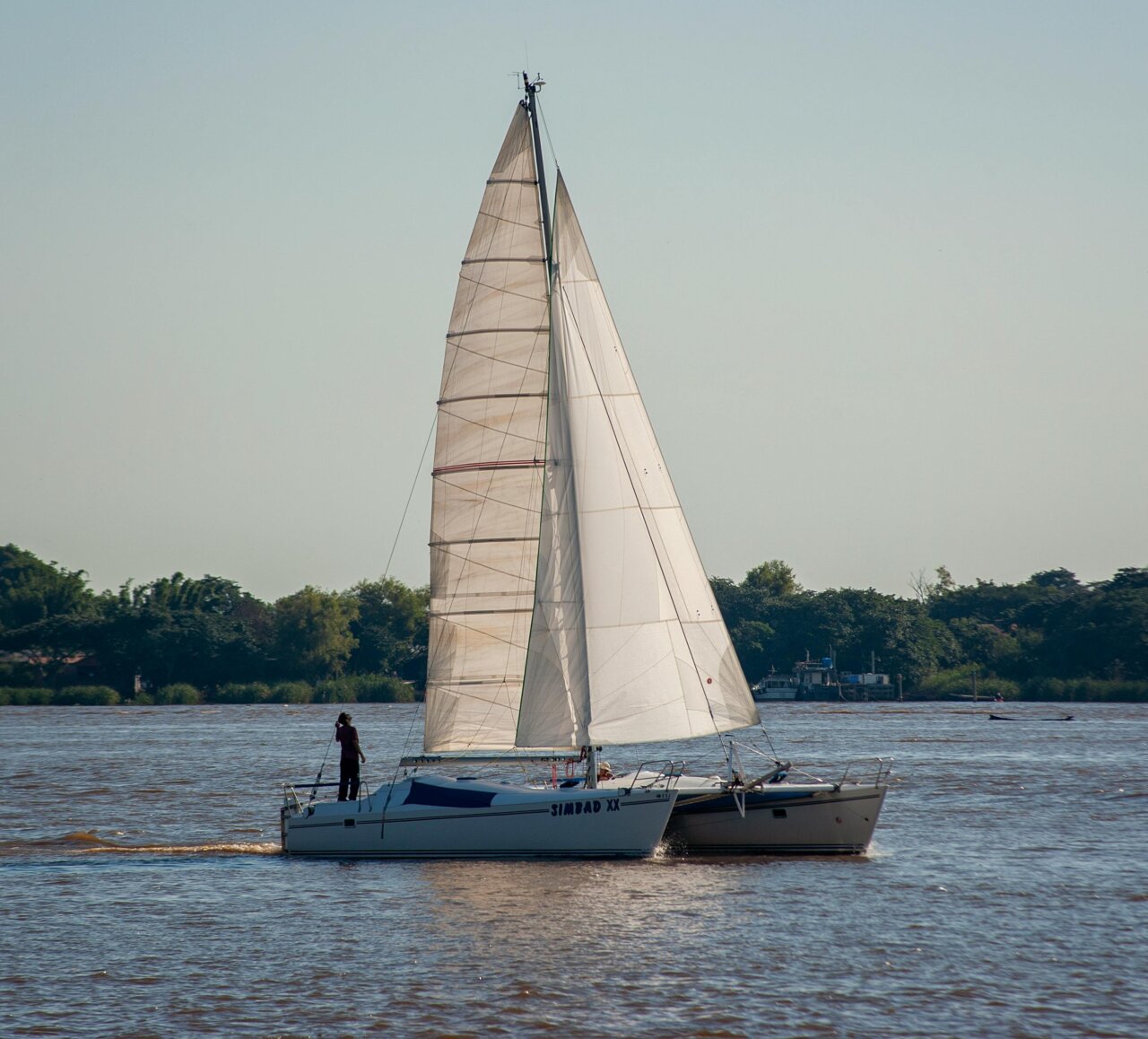 Catamarán navegando en la Laguna Iberá con un guía a bordo