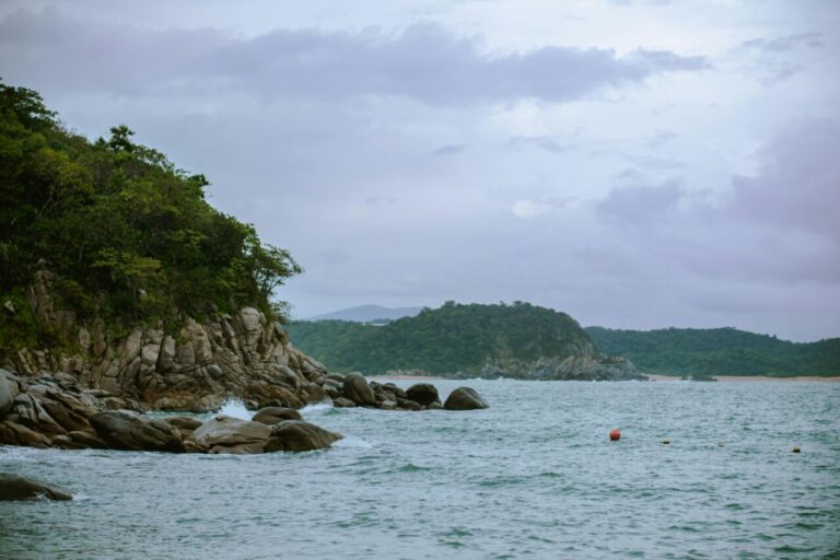 Vista de una playa con rocas y agua verde en un día nublado