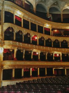 Vista interior de un teatro con asientos y decoraciones doradas