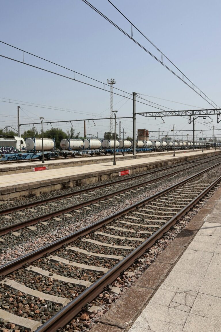 Vía férrea con trenes en una estación en México