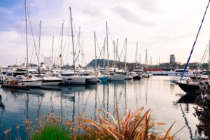 Vista de botes en un puerto con montañas al fondo