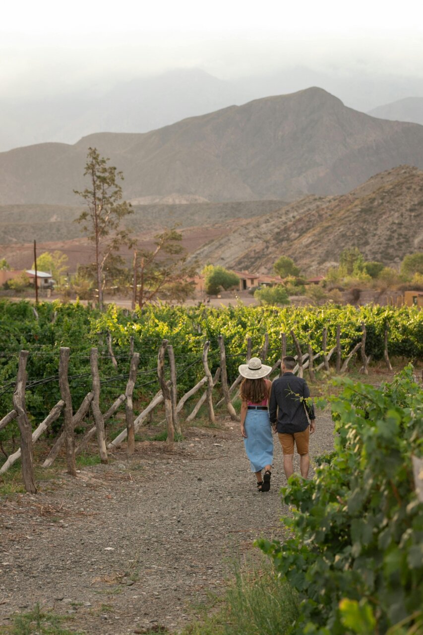 Pareja caminando por un viñedo en Mendoza, Argentina