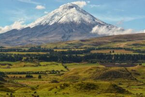 Paisaje montañoso en Ecuador con campos verdes y ganado