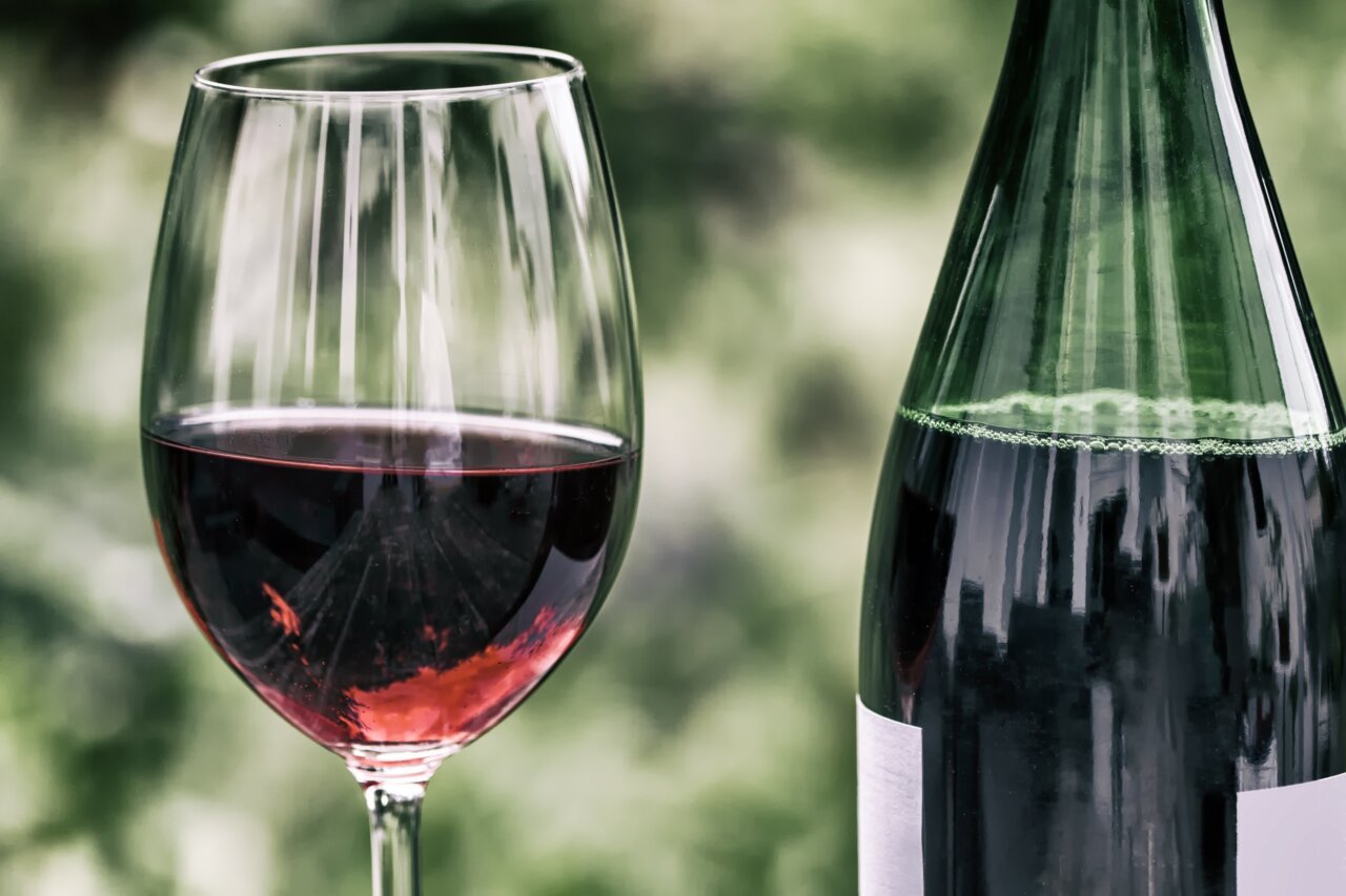 Copa de vino tinto junto a una botella en un fondo natural